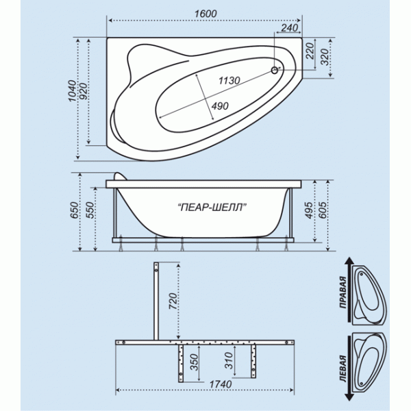 Акриловая ванна Triton Пеарл-шелл (левая) 160x104